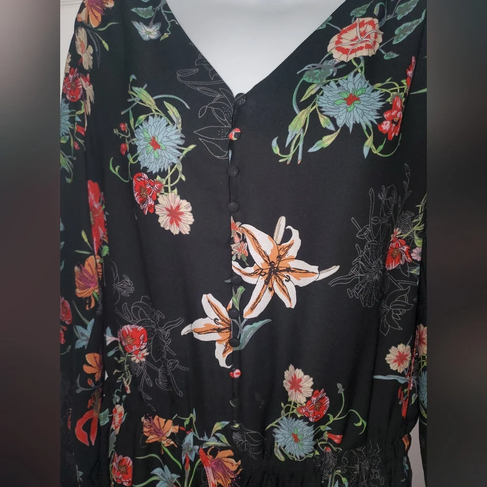: fleur bleve black floral design button front Drawstring tunic dress top sz 8 - Picture 4 of 16